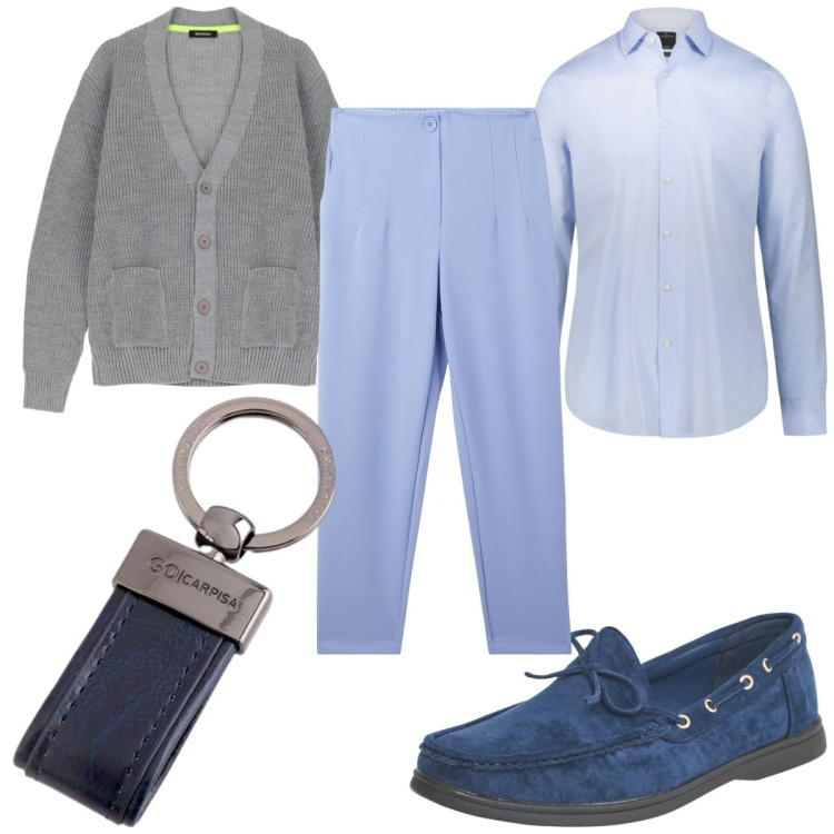 Outfit uomo - Total look #2090724. Stile Casual per Ufficio. Abbinamento con scarpe stringate, pantaloni chino, cardigans, camicie, portachiavi.