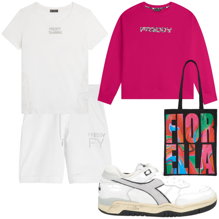 Outfit donna - Freddy look and company. Stile Sporty chic per Tutti i giorni. Abbinamento con sneakers, t-shirt, pantaloni corti, felpe con cappuccio, borse tote.