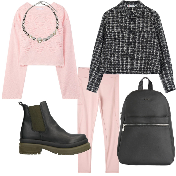 Outfit donna - La collana lucente. Stile Casual per Scuola/Università. Abbinamento con stivaletti, leggings, maglieria, cappotti, zaini, collane.
