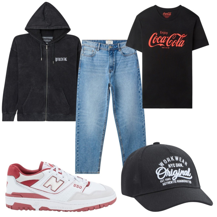 Outfit uomo - Total look #2090735. Stile Casual per Tutti i giorni. Abbinamento con sneakers, jeans, t-shirt, cappelli, felpe con cappuccio.