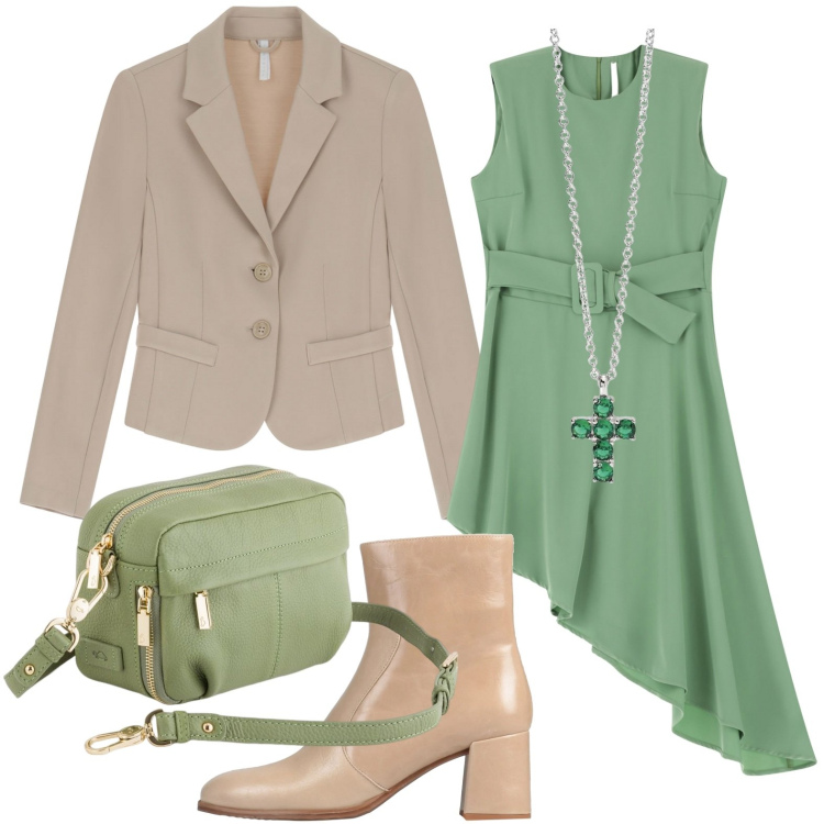 Outfit donna - Il vestito color erba. Stile Glamour per Serata fuori. Abbinamento con stivaletti, ciondoli, vestiti corti, blazer, borse a tracolla.