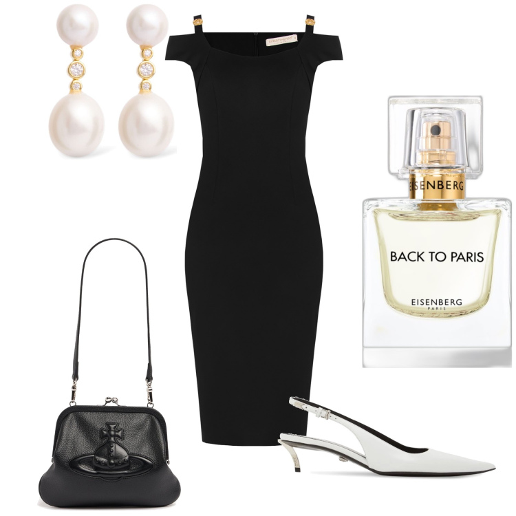 Outfit donna - Paris ici. Stile Glamour per Serata fuori. Abbinamento con profumi, vestiti midi/longuette, pochette, décolleté, orecchini.