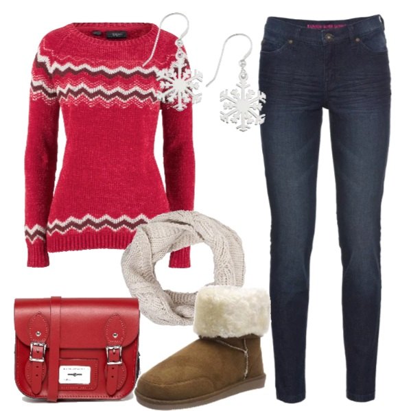 Outfit donna - Natale in Baita. Stile Basic per Tutti i giorni. Abbinamento con jeans skinny, maglieria, borsa a tracolla cartella con fibbia in pelle, orecchini con fiocco in sterling 925 argento, stivali marrone, sciarpa taglia unica bianco.