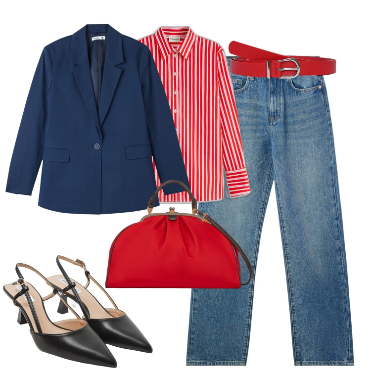 Outfit donna - City. Stile Urban per Tutti i giorni. Abbinamento con camicie, sabot, cinture, blazer, jeans dritti, borse a spalla.