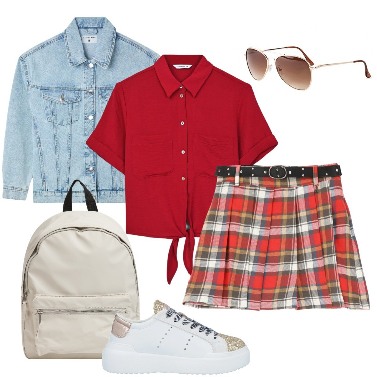 Outfit donna - Come negli anni 80. Stile Preppy per Tutti i giorni. Abbinamento con occhiali da sole, sneakers, camicie a manica corta, cappotti, zaini, gonne.