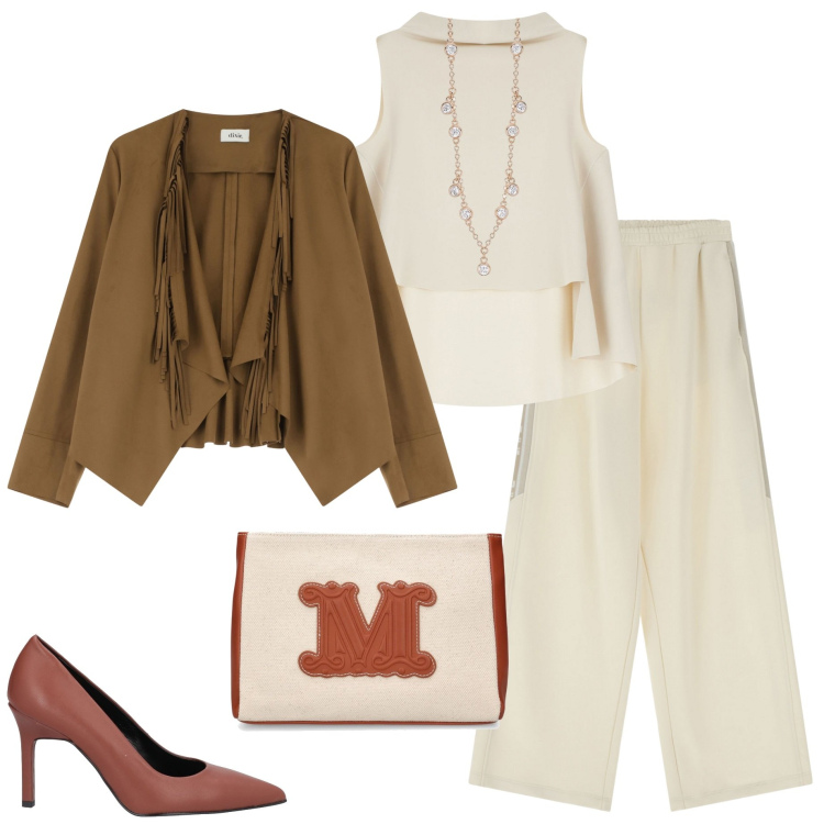 Outfit donna - Colore avorio. Stile Casual chic per Serata fuori. Abbinamento con décolleté, collane, pantaloni, top, blazer, pochette.