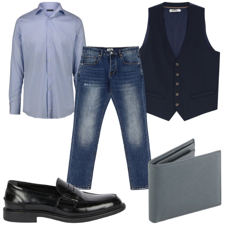 Outfit uomo - Total look #2090754. Stile Business/Elegante per Ufficio. Abbinamento con gilet, jeans dritti, scarpe stringate, camicie, portafogli.