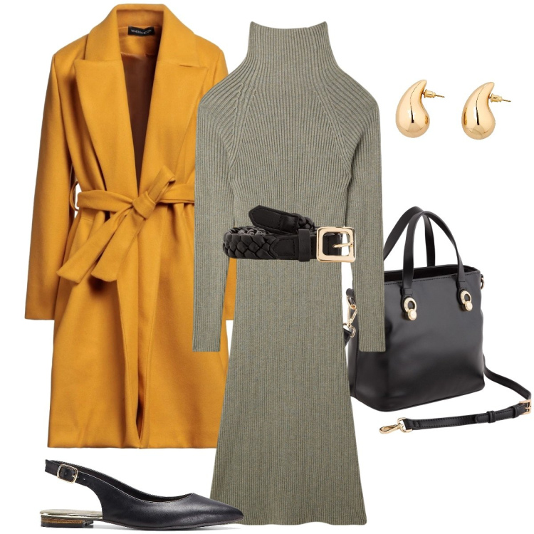 Outfit donna - Il cappotto a vestaglia. Stile Casual chic per Tutti i giorni. Abbinamento con orecchini, ballerine, cappotti, vestiti midi/longuette, borse a mano, cinture.