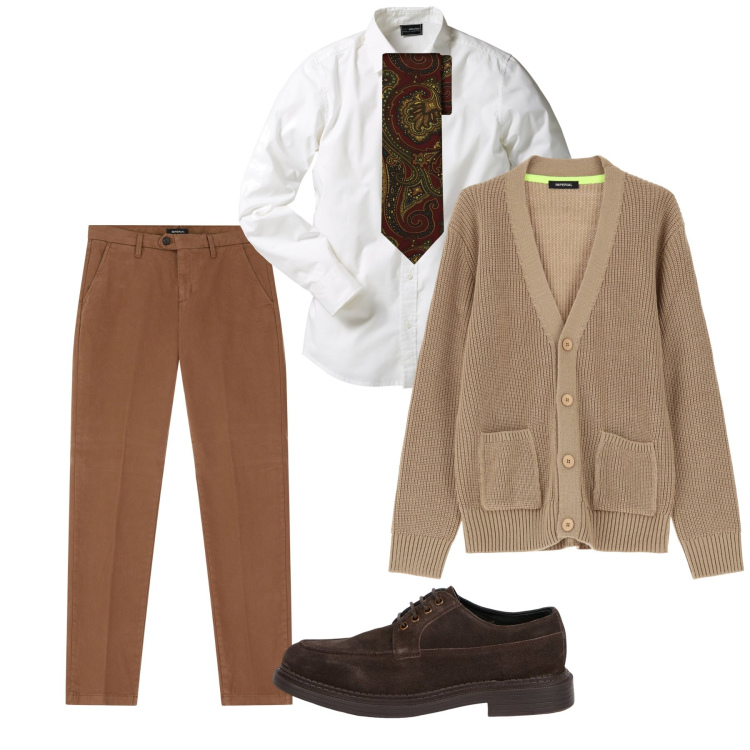 Outfit uomo - Domenica a pranzo fuori. Stile Casual per Tutti i giorni. Abbinamento con camicie, pantaloni chino, cardigans, scarpe stringate, cravatte.