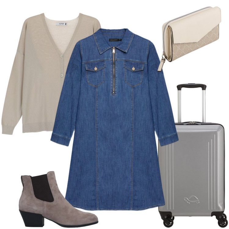 Outfit donna - In viaggio. Stile Casual chic per Tutti i giorni. Abbinamento con stivaletti chelsea, cardigans, vestiti midi/longuette, valigie, portafogli.