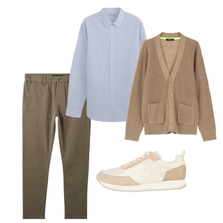 Outfit uomo - Beige marzo. Stile Casual per Tutti i giorni. Abbinamento con sneakers, camicie, pantaloni chino, cardigans.