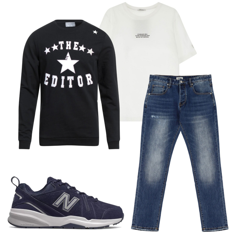 Outfit uomo - Basic style. Stile Casual per Tutti i giorni. Abbinamento con felpe, sneakers, t-shirt, jeans dritti.