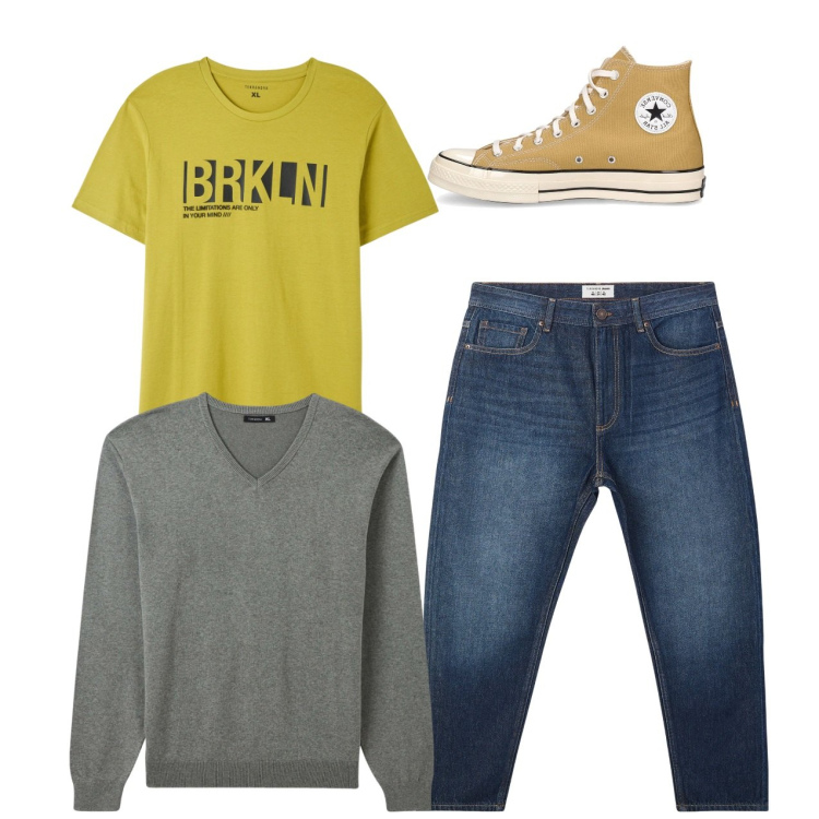 Outfit uomo - City. Stile Casual per Tutti i giorni. Abbinamento con jeans, t-shirt, maglieria, sneakers.