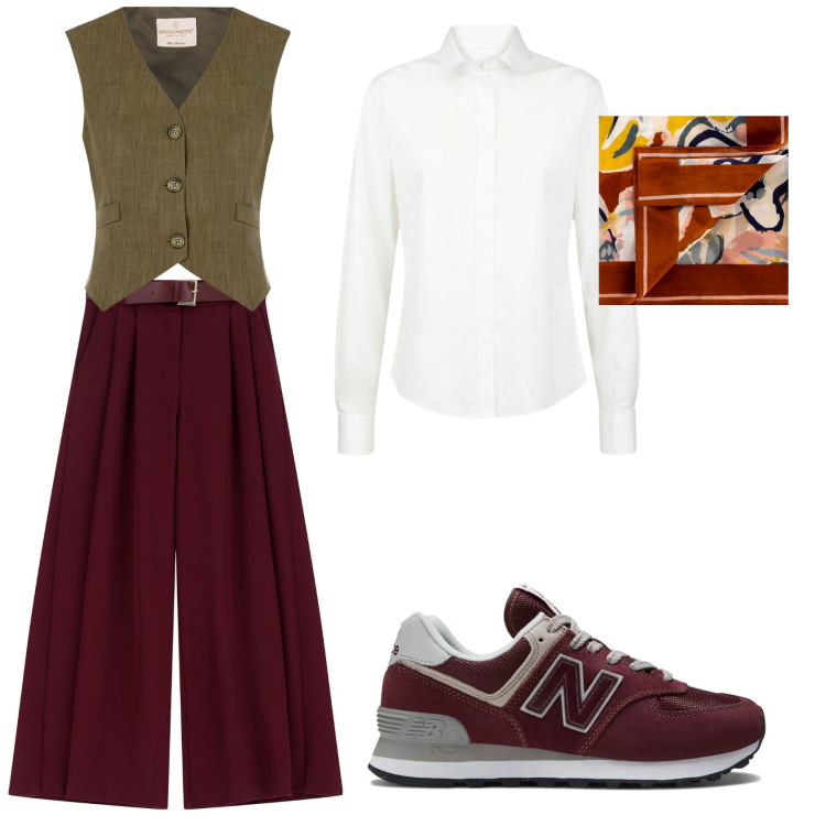 Outfit donna - Total look #2090787. Stile Casual chic per Tutti i giorni. Abbinamento con pantaloni a palazzo, sneakers, gilet, foulard, camicie.