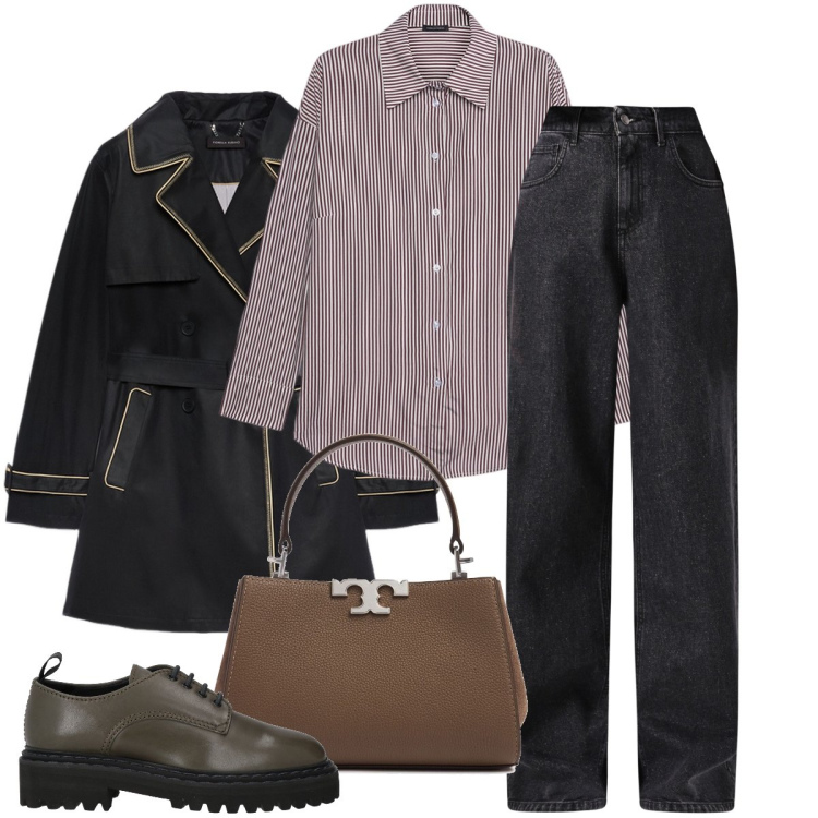 Outfit donna - Il trench nero. Stile Urban per Ufficio. Abbinamento con scarpe stringate, jeans, trench, camicie, borse a mano.