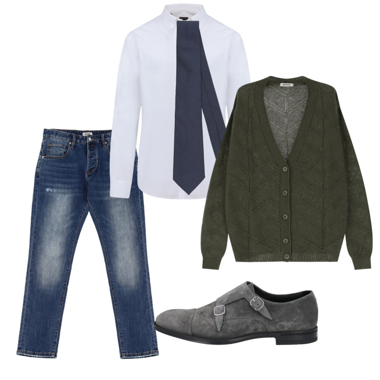 Outfit uomo - Domenica si esce. Stile Casual per Tutti i giorni. Abbinamento con scarpe stringate, cravatte, jeans dritti, cardigans, camicie.