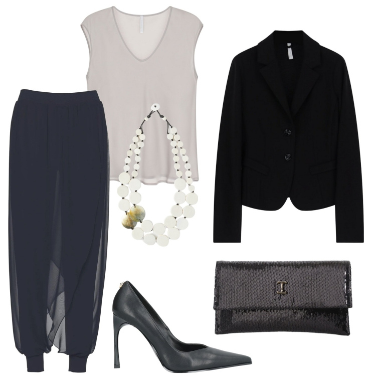 Outfit donna - Total look #2090807. Stile Vintage retrò per Cerimonia. Abbinamento con pantaloni, décolleté, borse a tracolla, blazer, top, ciondoli.