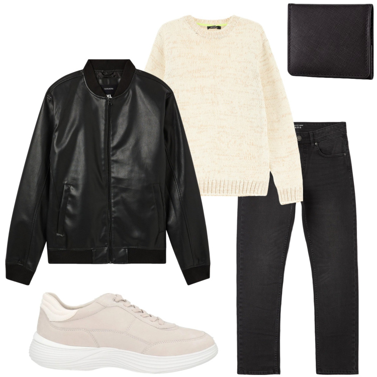 Outfit uomo - Pioggia di marzo. Stile Urban per Tutti i giorni. Abbinamento con sneakers, bomber, jeans dritti, maglieria, portamonete.