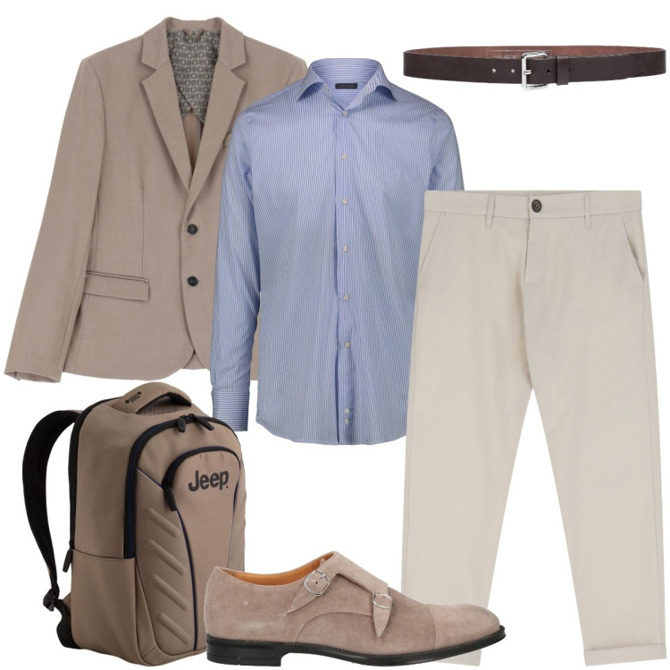 Outfit uomo - In ufficio. Stile Business/Elegante per Ufficio. Abbinamento con cinture, scarpe stringate, pantaloni chino, giacche, camicie, borse sportive.