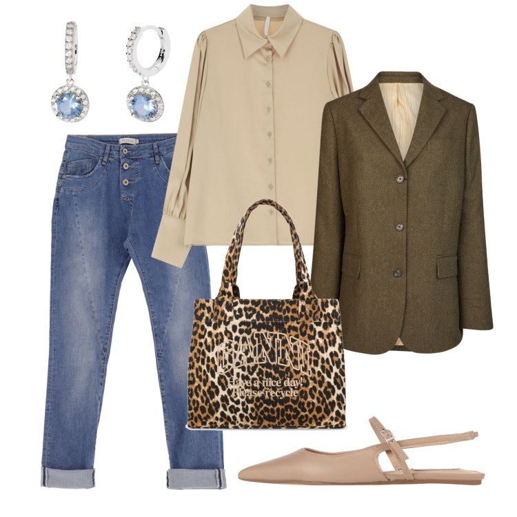 Outfit donna - Slingback a primavera. Stile Casual chic per Tutti i giorni. Abbinamento con ballerine, orecchini, camicie, jeans slim fit, blazer, shopping bag.