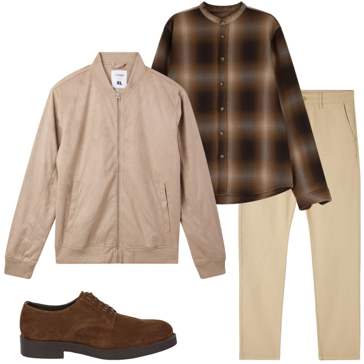 Outfit uomo - In ufficio. Stile Urban per Ufficio. Abbinamento con bomber, pantaloni chino, camicie, scarpe stringate.