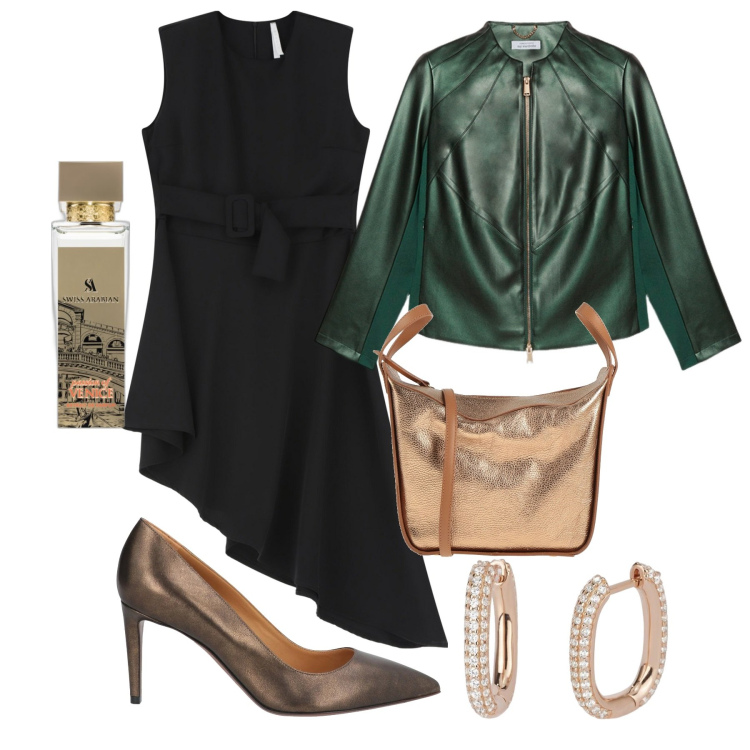 Outfit donna - Serata importante. Stile Chic per Serata fuori. Abbinamento con borse a mano, décolleté, profumi, orecchini, vestiti corti, blazer.