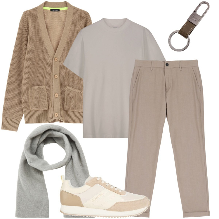 Outfit uomo - Cardigan e t-shirt. Stile Urban per Tutti i giorni. Abbinamento con sneakers, sciarpe e foulard, pantaloni, cardigans, t-shirt, portachiavi.