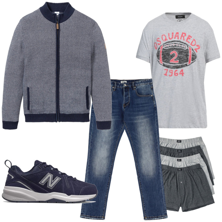 Outfit uomo - Total look #2090822. Stile Urban per Tutti i giorni. Abbinamento con cardigans, boxer, t-shirt, sneakers, jeans dritti.