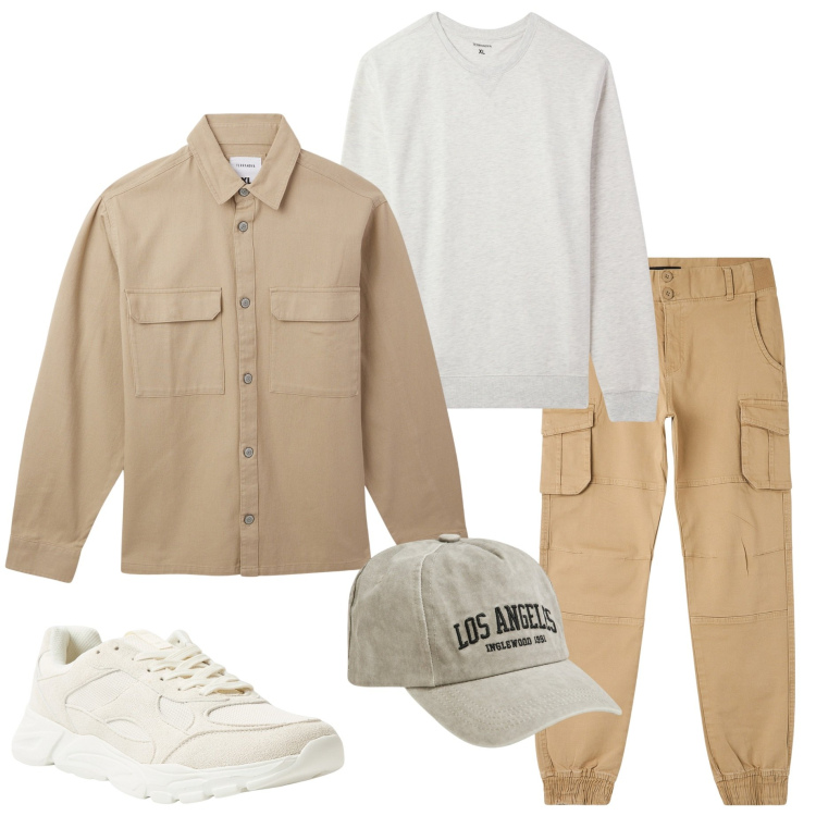 Outfit uomo - Terranova casual. Stile Casual per Tutti i giorni. Abbinamento con cappotti, pantaloni cargo, felpe, sneakers, cappelli.