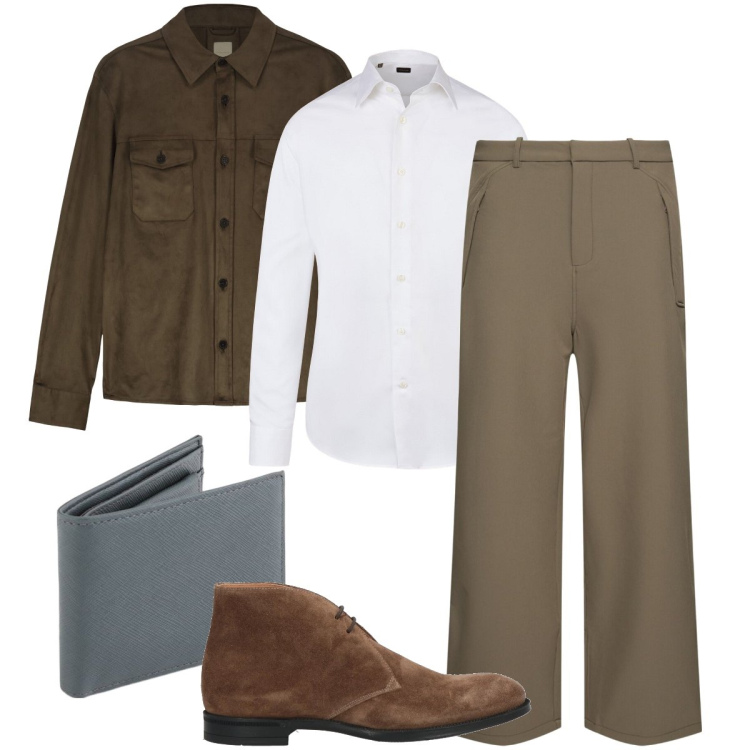 Outfit uomo - Effetto scamosciato. Stile Trendy per Ufficio. Abbinamento con stivali e stivaletti, giacche, camicie, pantaloni, portafogli.
