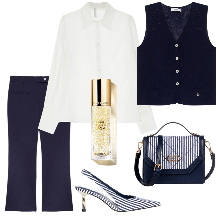 Outfit donna - Da Emilio al porto. Stile Chic per Serata fuori. Abbinamento con primer, gilet, décolleté, borse a mano, camicie, pantaloni.