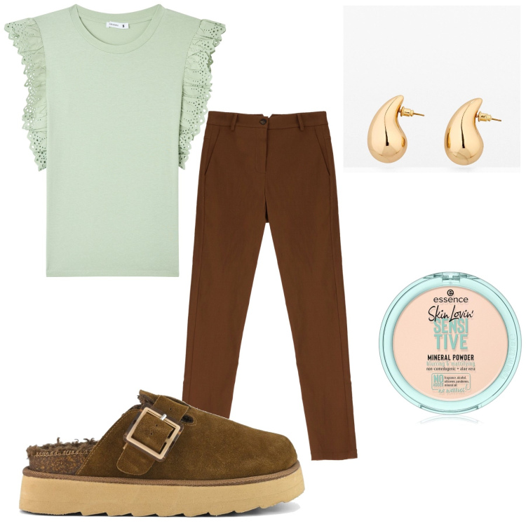 Outfit donna - In casa di domenica. Stile Basic per Tutti i giorni. Abbinamento con orecchini, ciprie, t-shirt, pantaloni skinny, sabot.