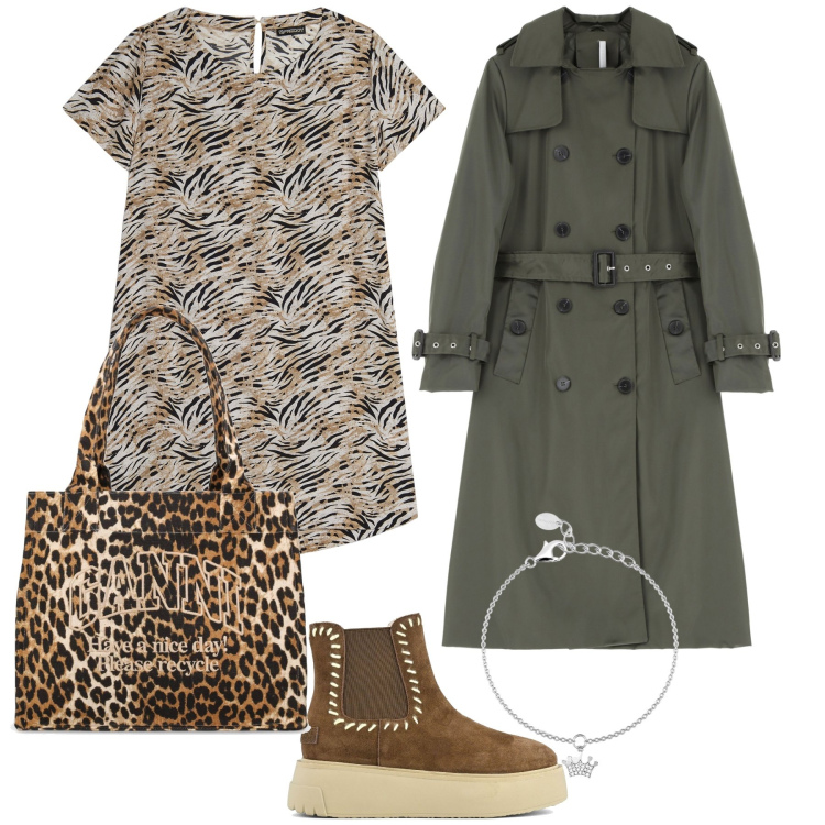 Outfit donna - Da parenti. Stile Trendy per Tutti i giorni. Abbinamento con braccialetti con ciondoli, trench, vestiti midi/longuette, stivaletti, shopping bag.