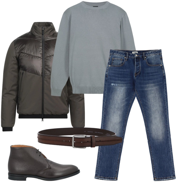 Outfit uomo - Il bomber color moka. Stile Casual per Ufficio. Abbinamento con piumini, stivali e stivaletti, cinture, jeans dritti, maglieria.