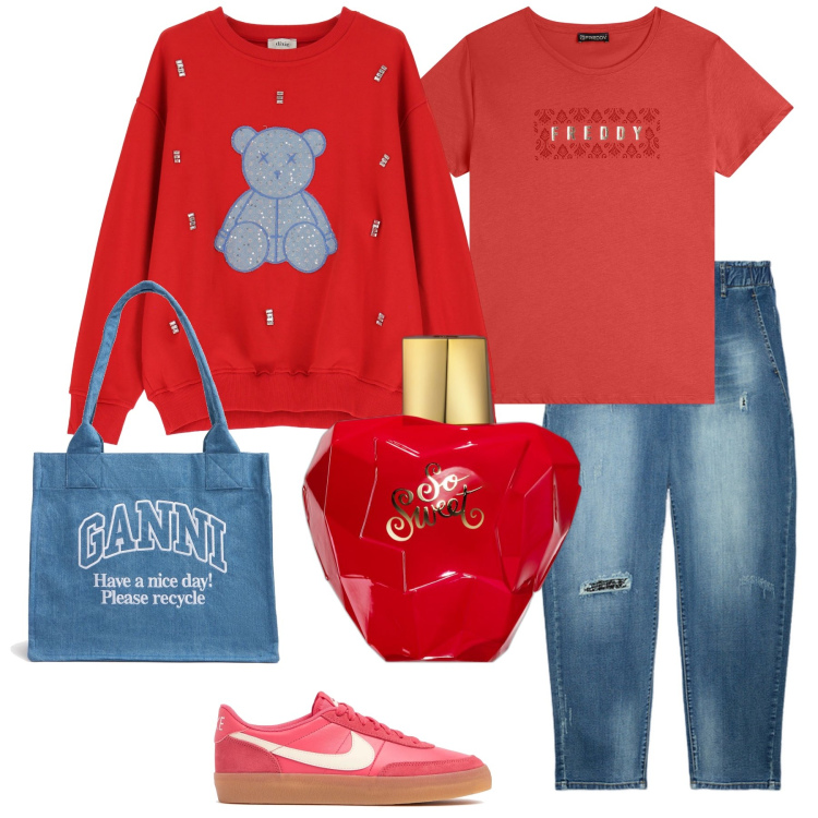 Outfit donna - So sweet. Stile Casual per Tutti i giorni. Abbinamento con profumi, t-shirt, felpe, jeans dritti, shopping bag, sneakers.