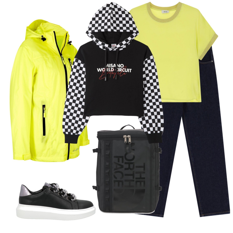 Outfit donna - The north face. Stile Casual per Sport. Abbinamento con blazer, sneakers, felpe con cappuccio, jeans dritti, t-shirt, zaini.