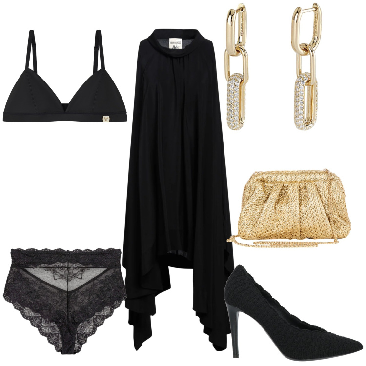 Outfit donna - Cocktail dress. Stile Glamour per Serata fuori. Abbinamento con culotte, vestiti asimmetrici, décolleté, orecchini, clutch, reggiseni.