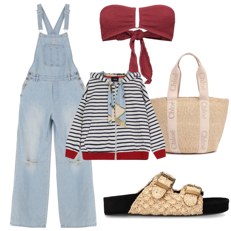 Outfit donna - Domenica d a mare. Stile Trendy per Mare. Abbinamento con salopette, felpe con cappuccio, shopping bag, ballerine, bikini.