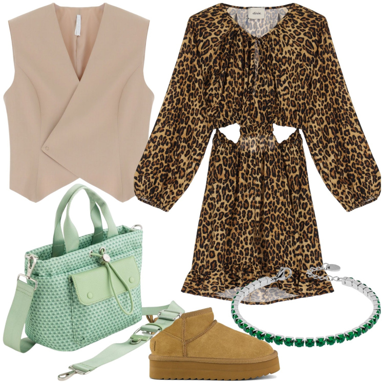 Outfit donna - Total look. Stile Urban per Tutti i giorni. Abbinamento con gilet, braccialetti, vestiti corti, stivaletti, borse a mano.
