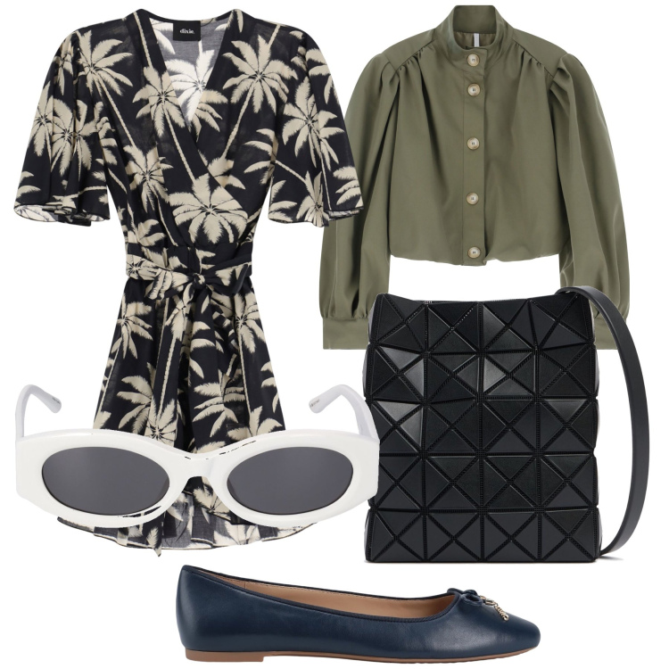 Outfit donna - Passeggiata. Stile Trendy per Tutti i giorni. Abbinamento con ballerine, blazer, vestiti corti, borse a spalla, occhiali da sole.