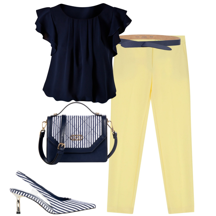 Outfit donna - Giallo e blu. Stile Urban per Tutti i giorni. Abbinamento con pantaloni, cinture, bluse, décolleté, borse a mano.