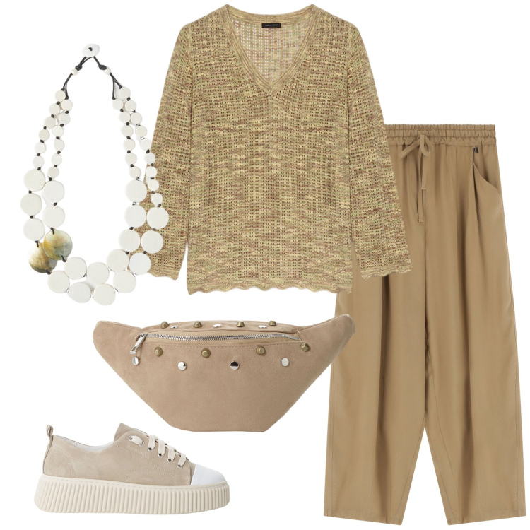 Outfit donna - Collana Fiorella rubino. Stile Casual chic per Tutti i giorni. Abbinamento con sneakers, pantaloni, marsupi, maglieria, ciondoli.