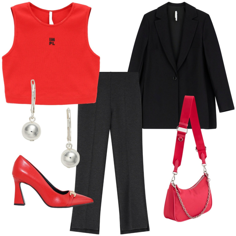Outfit donna - Rosso e nero. Stile Casual chic per Ufficio. Abbinamento con blazer, décolleté, pantaloni, canottiere, orecchini, borse a tracolla.