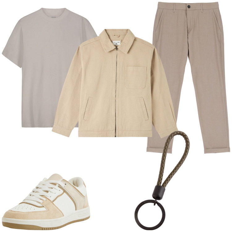 Outfit uomo - Tutto chiaro casual. Stile Casual per Tutti i giorni. Abbinamento con giacche, sneakers, pantaloni, portachiavi, t-shirt.