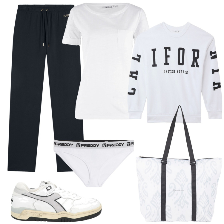 Outfit donna - Giornata relax. Stile Basic per Tutti i giorni. Abbinamento con t-shirt, sneakers, felpe, shopping bag, pantaloni, culotte.
