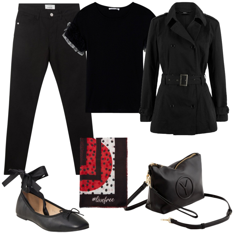 Outfit donna - Foulard a pois. Stile Casual per Ufficio. Abbinamento con trench, t-shirt, pantaloni, ballerine, foulard, valigie.