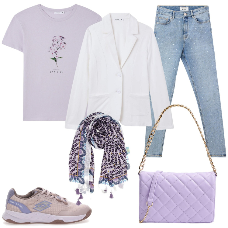Outfit donna - I colori della rinascita. Stile Basic per Tutti i giorni. Abbinamento con t-shirt, jeans skinny, blazer, borse a tracolla, sneakers, foulard.