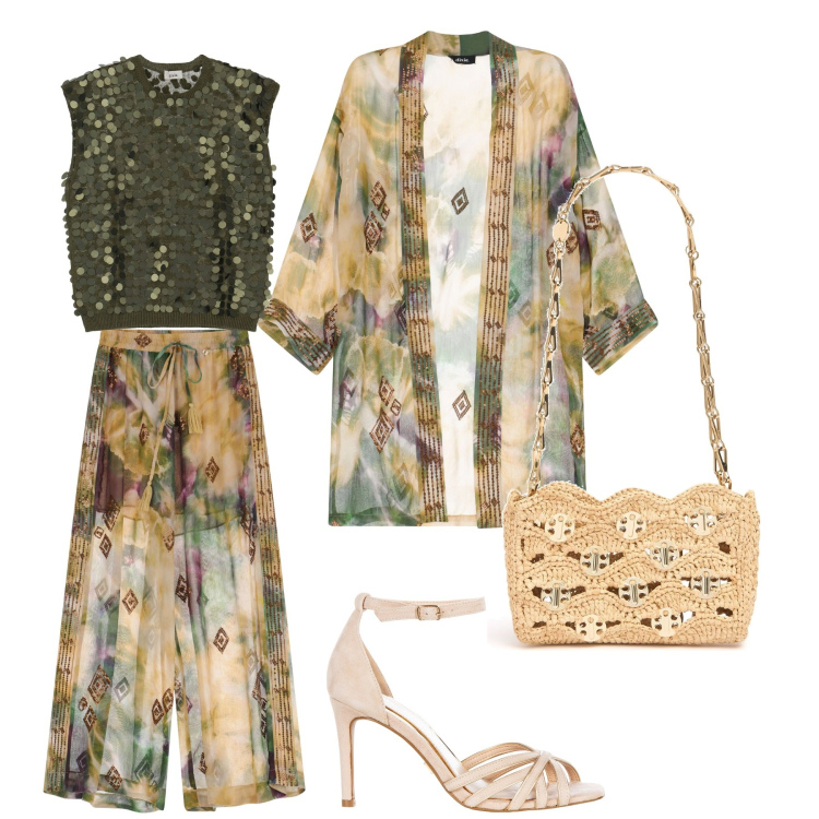 Outfit donna - Un evento importante. Stile Casual chic per Cerimonia. Abbinamento con sandali col tacco, pantaloni a palazzo, trench, top, borse a spalla.