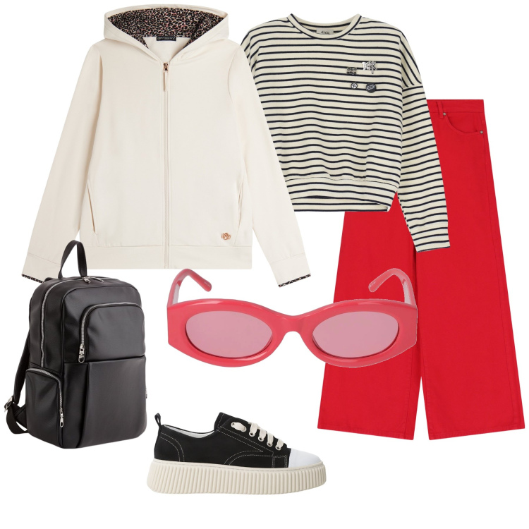 Outfit donna - Jeans rosso. Stile Casual per Tutti i giorni. Abbinamento con sneakers, felpe, jeans, felpe con cappuccio, occhiali da sole, zaini.