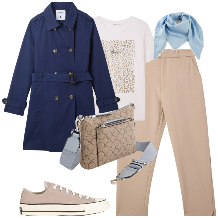 Outfit donna - City. Stile Casual chic per Tutti i giorni. Abbinamento con sneakers, foulard, t-shirt, pantaloni chino, trench, borse a tracolla.